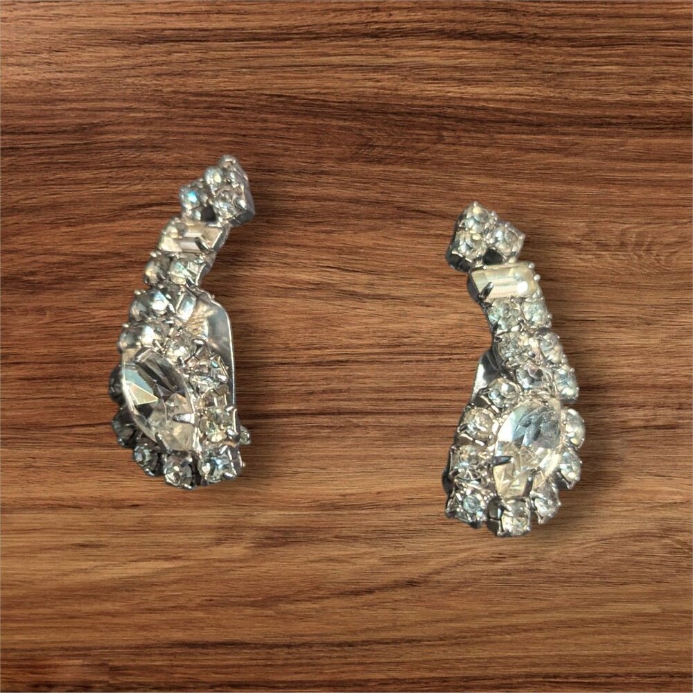Vintage 1950s Rhinestone Ear Sweep Earrings Silver Tone Marquise Bridal Clip On